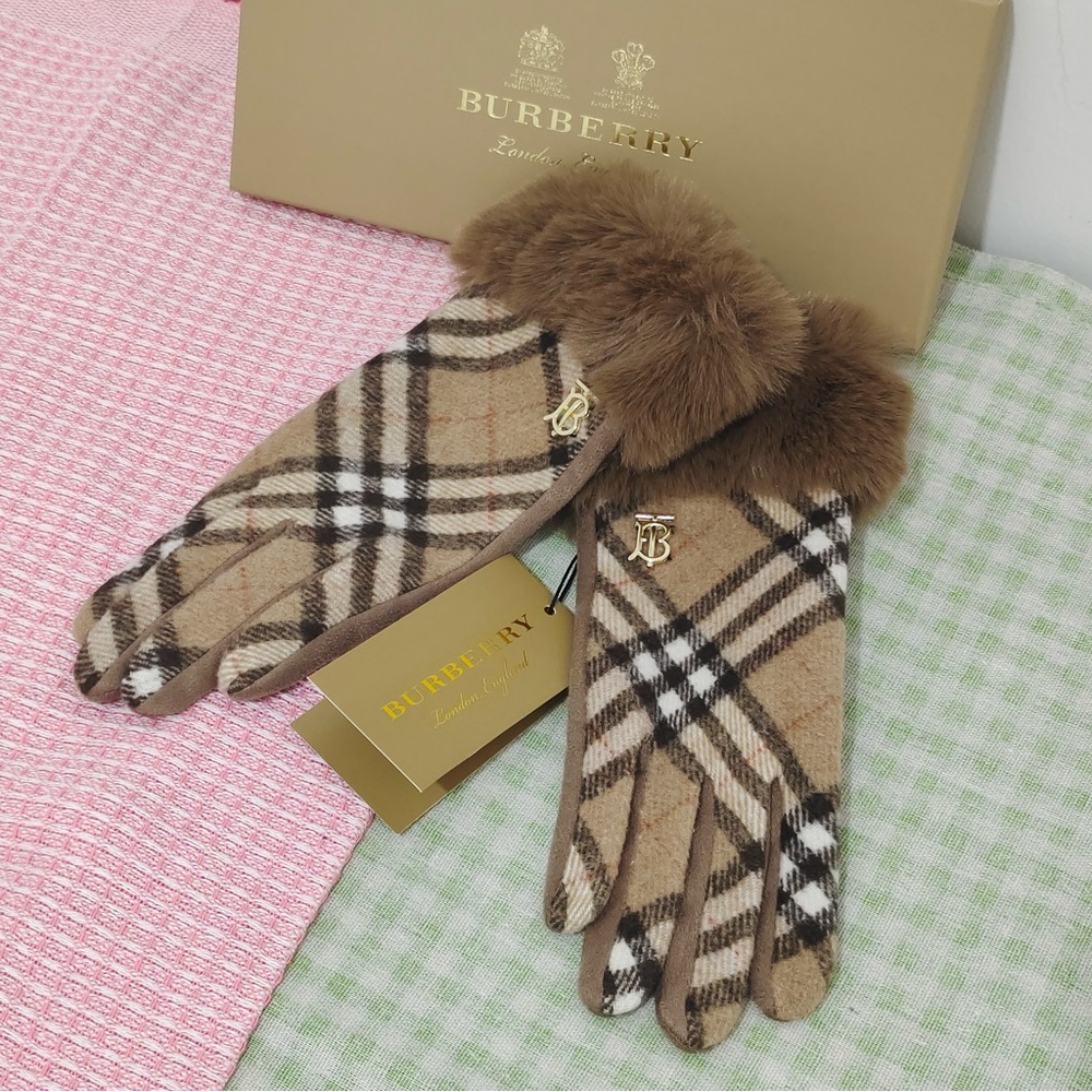 Burberry Checkered Fur-Trimmed Gloves
